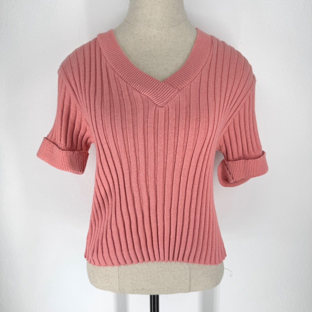 Vintage 90s‎ Ribbed Fitted Short Sleeve Cotton Sweater Preppy Salmon Pink Small